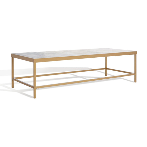 Safavieh CARALYN Rectangle Marble Coffee Table - Elegant White Top & Brass Base for Modern Living Rooms SFV9513A