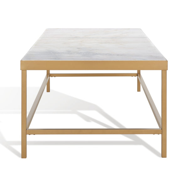 Safavieh CARALYN Rectangle Marble Coffee Table - Elegant White Top & Brass Base for Modern Living Rooms SFV9513A