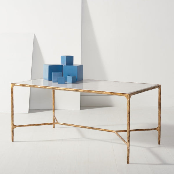 Safavieh JESSA Contemporary Marble Coffee Table with Sleek Iron Frame for Modern Living Room Elegance White / Brass SFV9520C