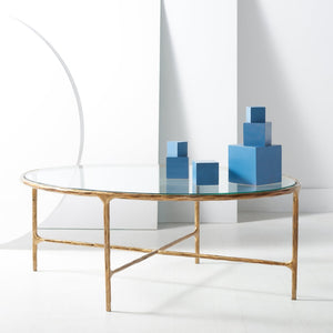 Safavieh JESSA Oval Metal Coffee Table - Elegant Tempered Glass Top with Sleek Forged Iron Frame Design Brass SFV9521A