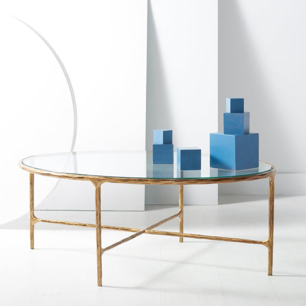 Safavieh JESSA Oval Metal Coffee Table - Elegant Tempered Glass Top with Sleek Forged Iron Frame Design Brass SFV9521A