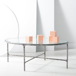 Safavieh JESSA Oval Metal Coffee Table - Elegant Tempered Glass Top with Sleek Forged Iron Frame Design Silver SFV9521B