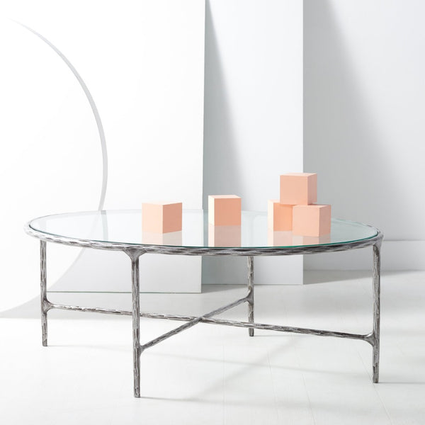 Safavieh JESSA Oval Metal Coffee Table - Elegant Tempered Glass Top with Sleek Forged Iron Frame Design Silver SFV9521B
