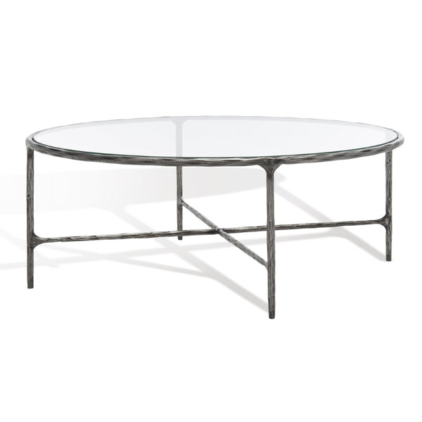 Safavieh JESSA Oval Metal Coffee Table - Elegant Tempered Glass Top with Sleek Forged Iron Frame Design Silver SFV9521B