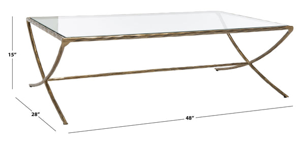 Safavieh DEBBIE Rectangle Coffee Table – Modern Glass Top with Elegant Curved Metal Legs for Stylish Living Spaces Brass SFV9522A