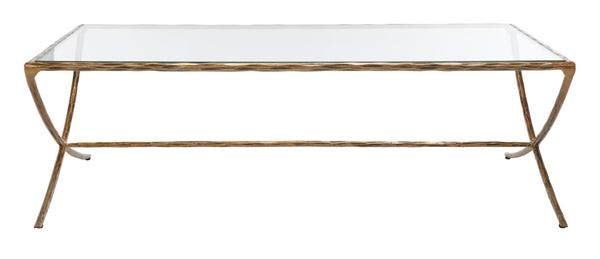 Safavieh DEBBIE Rectangle Coffee Table – Modern Glass Top with Elegant Curved Metal Legs for Stylish Living Spaces Brass SFV9522A