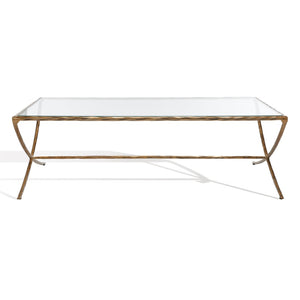 Safavieh DEBBIE Rectangle Coffee Table – Modern Glass Top with Elegant Curved Metal Legs for Stylish Living Spaces Brass SFV9522A