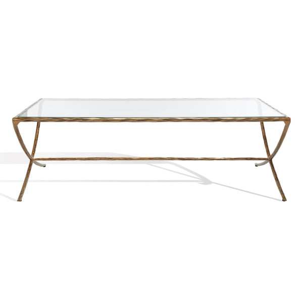 Safavieh DEBBIE Rectangle Coffee Table – Modern Glass Top with Elegant Curved Metal Legs for Stylish Living Spaces Brass SFV9522A