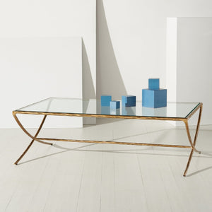 Safavieh DEBBIE Rectangle Coffee Table – Modern Glass Top with Elegant Curved Metal Legs for Stylish Living Spaces Brass SFV9522A