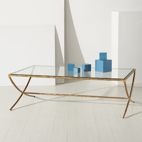 Safavieh DEBBIE Rectangle Coffee Table – Modern Glass Top with Elegant Curved Metal Legs for Stylish Living Spaces Brass SFV9522A
