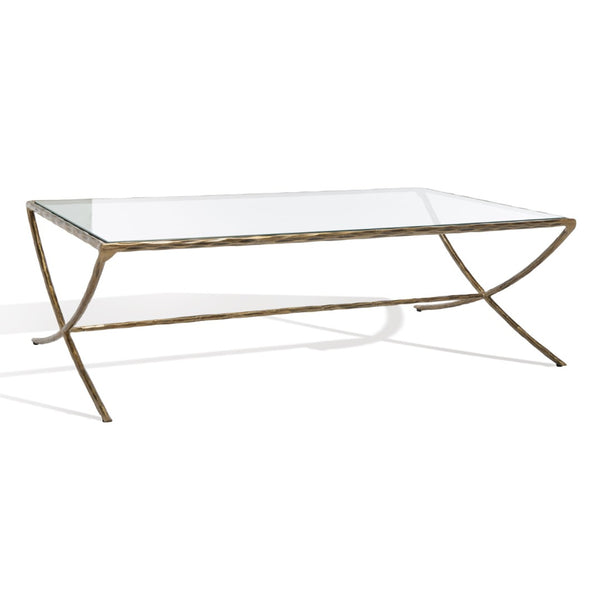 Safavieh DEBBIE Rectangle Coffee Table – Modern Glass Top with Elegant Curved Metal Legs for Stylish Living Spaces Brass SFV9522A