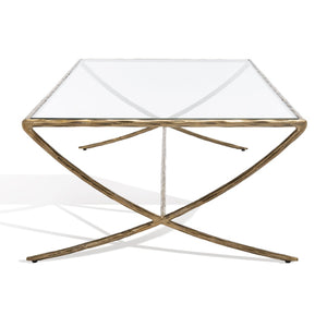Safavieh DEBBIE Rectangle Coffee Table – Modern Glass Top with Elegant Curved Metal Legs for Stylish Living Spaces Brass SFV9522A