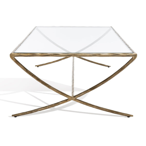 Safavieh DEBBIE Rectangle Coffee Table – Modern Glass Top with Elegant Curved Metal Legs for Stylish Living Spaces Brass SFV9522A