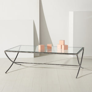 Safavieh DEBBIE Rectangle Coffee Table – Modern Glass Top with Elegant Curved Metal Legs for Stylish Living Spaces Silver SFV9522B