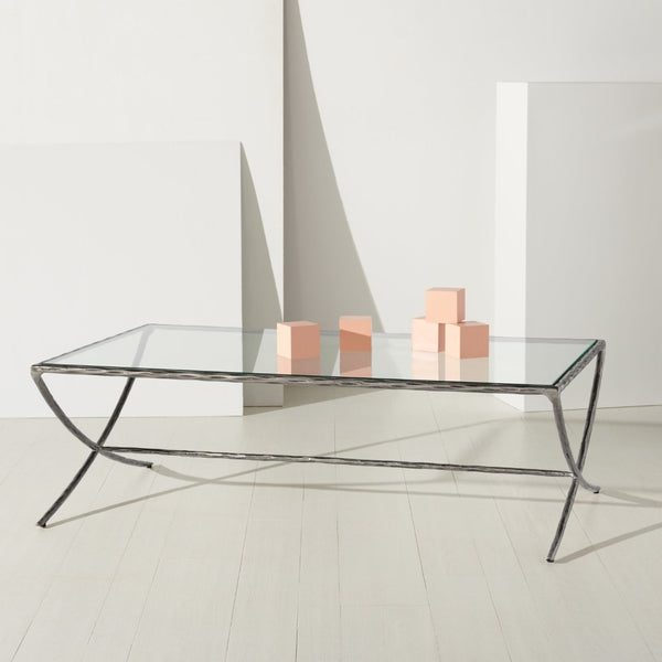 Safavieh DEBBIE Rectangle Coffee Table – Modern Glass Top with Elegant Curved Metal Legs for Stylish Living Spaces Silver SFV9522B