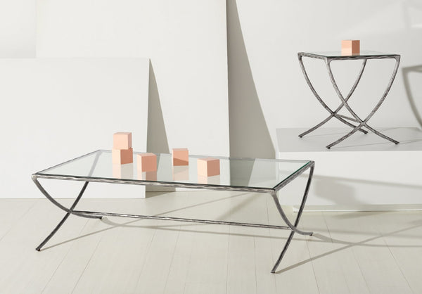 Safavieh DEBBIE Rectangle Coffee Table – Modern Glass Top with Elegant Curved Metal Legs for Stylish Living Spaces Silver SFV9522B