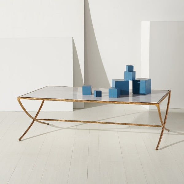 Safavieh DEBBIE Rectangle Metal Coffee Table – Elegant Marble Top with Stylish Curved Legs for Modern Spaces White / Brass SFV9522C