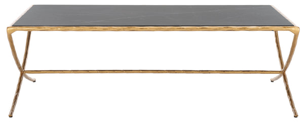Safavieh Debbie Rectangular Black Marble Coffee Table With Elegant Brass Finish And Curved Metal Legs Brass ,Black Metal ,Black Marble ,Wood Sfv9522f