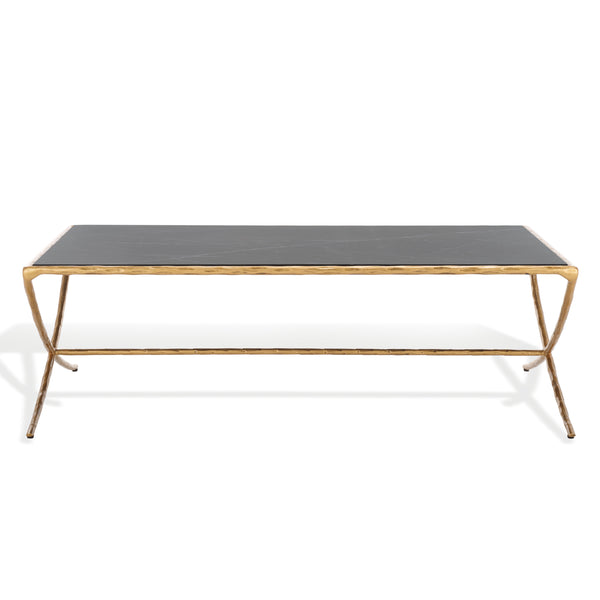 Safavieh Debbie Rectangular Black Marble Coffee Table With Elegant Brass Finish And Curved Metal Legs Brass ,Black Metal ,Black Marble ,Wood Sfv9522f