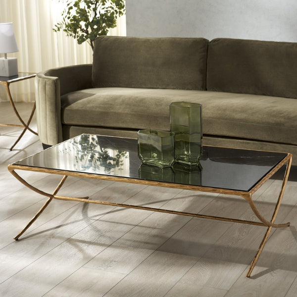 Safavieh DEBBIE Rectangular Black Marble Coffee Table with Elegant Brass Legs for Modern Living Spaces SFV9522F