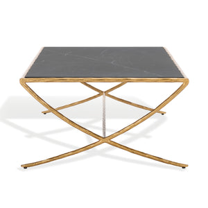 Safavieh Debbie Rectangular Black Marble Coffee Table With Elegant Brass Finish And Curved Metal Legs Brass ,Black Metal ,Black Marble ,Wood Sfv9522f