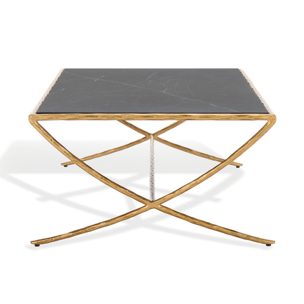 Safavieh Debbie Rectangular Black Marble Coffee Table With Elegant Brass Finish And Curved Metal Legs Brass ,Black Metal ,Black Marble ,Wood Sfv9522f