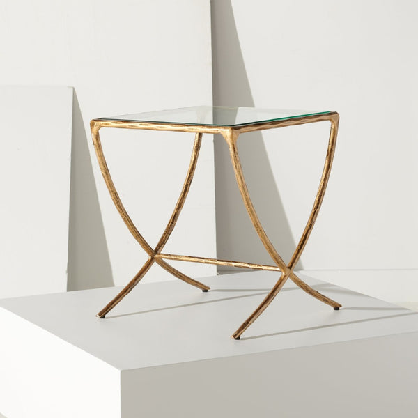 Safavieh DEBBIE Glamorous Square Metal Accent Table with Tempered Glass Top for Modern Home Décor Essentials Brass SFV9523A