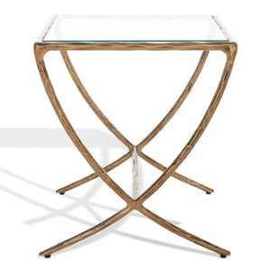 Safavieh DEBBIE Glamorous Square Metal Accent Table with Tempered Glass Top for Modern Home Décor Essentials Brass SFV9523A
