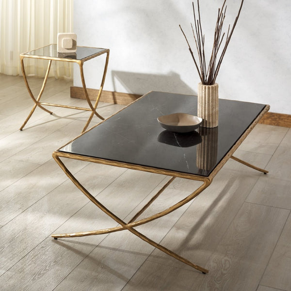 Safavieh DEBBIE Rectangular Black Marble Coffee Table with Elegant Brass Legs for Modern Living Spaces SFV9522F