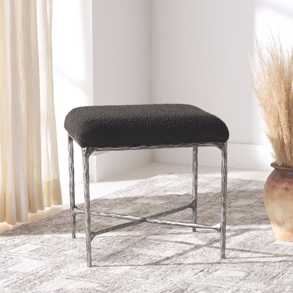 Safavieh MANDY Boucle Ottoman with Sleek Metal Legs - Modern Multiuse Design for Living Spaces and More Black SFV9526B