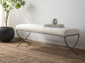 Safavieh JANEEN Boucle and Metal Bench - Luxe Minimalist Seating with Curved Legs for Modern Interiors Ivory / Black SFV9528A