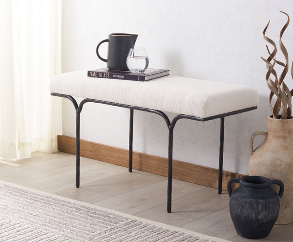 Safavieh MARVIN 36" Chic Ivory Boucle Bench with Black Metal Base - Modern Entryway, Bedroom, or Dining Accent SFV9529B