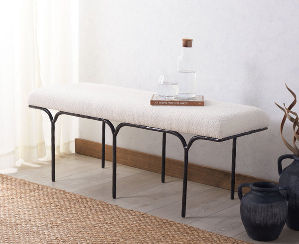 Safavieh MARVIN 48" Modern Boucle Bench - Elegant Seating for Entryways and Living Rooms, Chic Design Ivory / Black SFV9530B