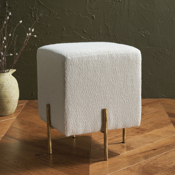 Safavieh JESSA Square Bouclé Ottoman - Chic Modern Accent for Versatile Seating, Footrest, or Décor Display Ivory / Brass SFV9535A