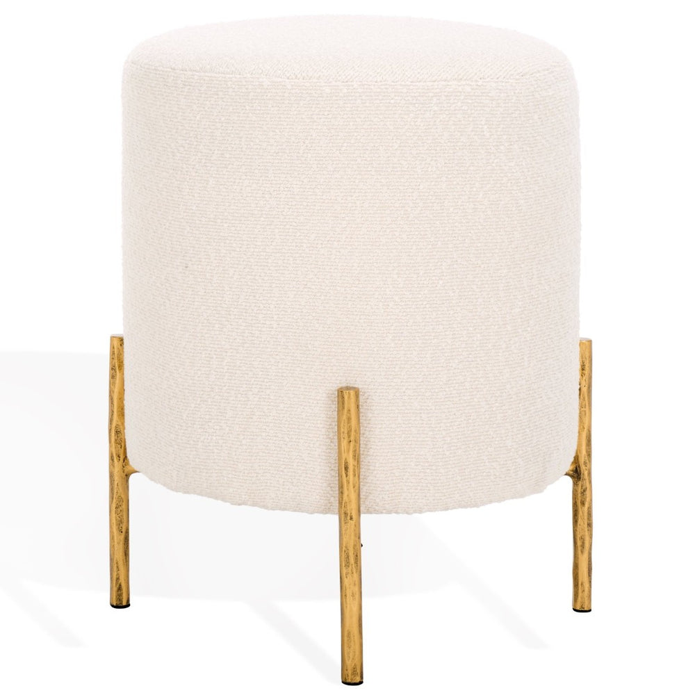 Safavieh JESSA Round Boucle Ottoman - Modern Minimalist Accent for Cozy Living Spaces and Stylish Decor Ivory / Brass SFV9536A
