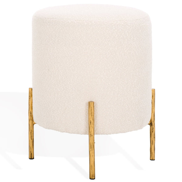 Safavieh JESSA Round Boucle Ottoman - Modern Minimalist Accent for Cozy Living Spaces and Stylish Decor Ivory / Brass SFV9536A