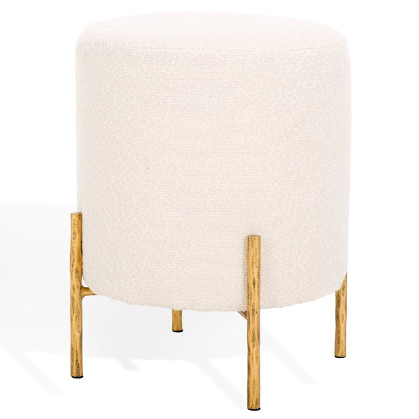 Safavieh JESSA Round Boucle Ottoman - Modern Minimalist Accent for Cozy Living Spaces and Stylish Decor Ivory / Brass SFV9536A