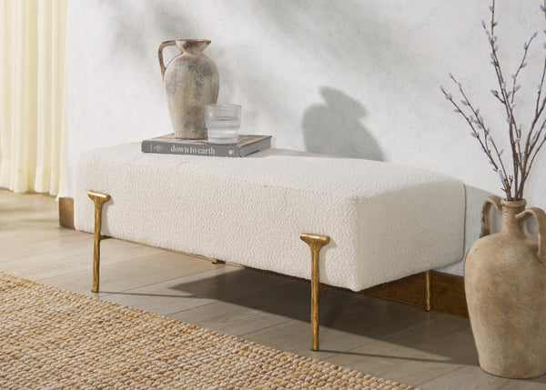 Safavieh Jessa Boucle Bench - Luxurious Ivory Fabric With Elegant Brass Accents For Stylish Home Décor Ivory ,Brass Metal ,Wood ,Foam ,Fabric Sfv9537a