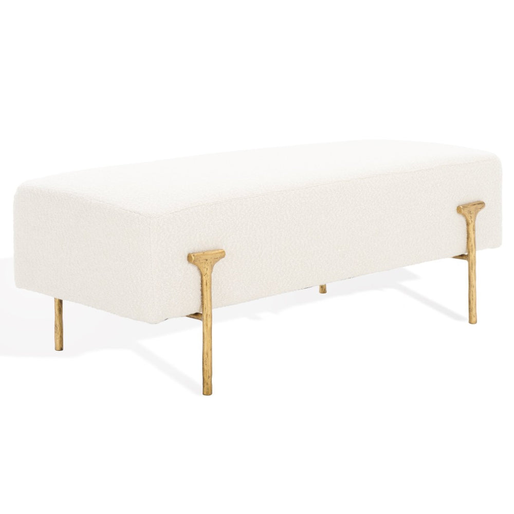 Safavieh JESSA Boucle Bench – Luxurious Fabric Seating with Solid Pine Frame for Stylish Home Décor Solutions Ivory / Brass SFV9537A