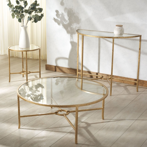 Safavieh TAURI Forged Metal Half Moon Console Table - Chic Sculptural Design for Modern Entryways & Living Spaces Brass / Clear SFV9553A
