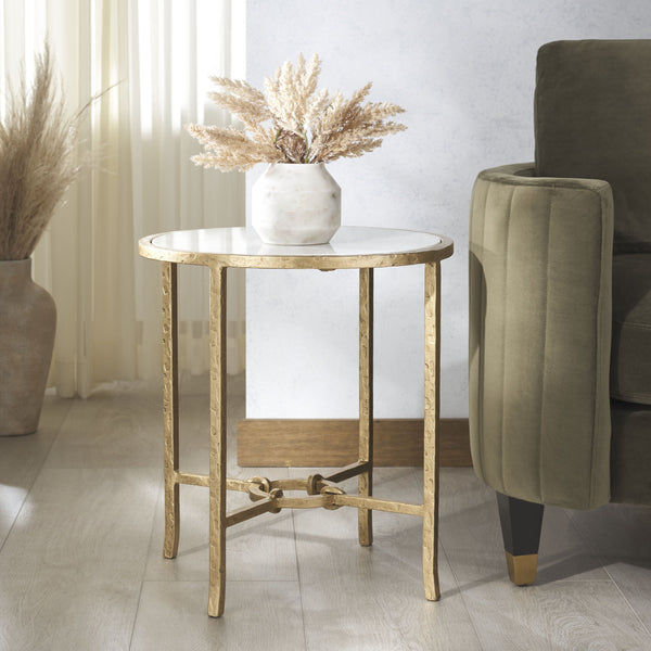 Safavieh Tauri Forged Metal Round Accent Table - Elegant Brass Design With Clear Glass Top For Any Space Brass ,White Metal ,Marble Sfv9551c