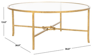 Safavieh TAURI Forged Metal Round Coffee Table - Industrial Elegance with Clear Glass Top for Modern Living Spaces Brass / Clear SFV9552A