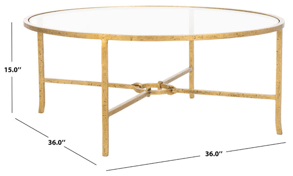 Safavieh TAURI Forged Metal Round Coffee Table - Industrial Elegance with Clear Glass Top for Modern Living Spaces Brass / Clear SFV9552A