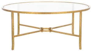 Safavieh TAURI Forged Metal Round Coffee Table - Industrial Elegance with Clear Glass Top for Modern Living Spaces Brass / Clear SFV9552A