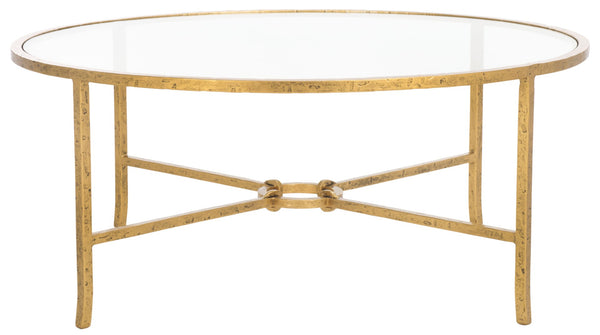 Safavieh TAURI Forged Metal Round Coffee Table - Industrial Elegance with Clear Glass Top for Modern Living Spaces Brass / Clear SFV9552A