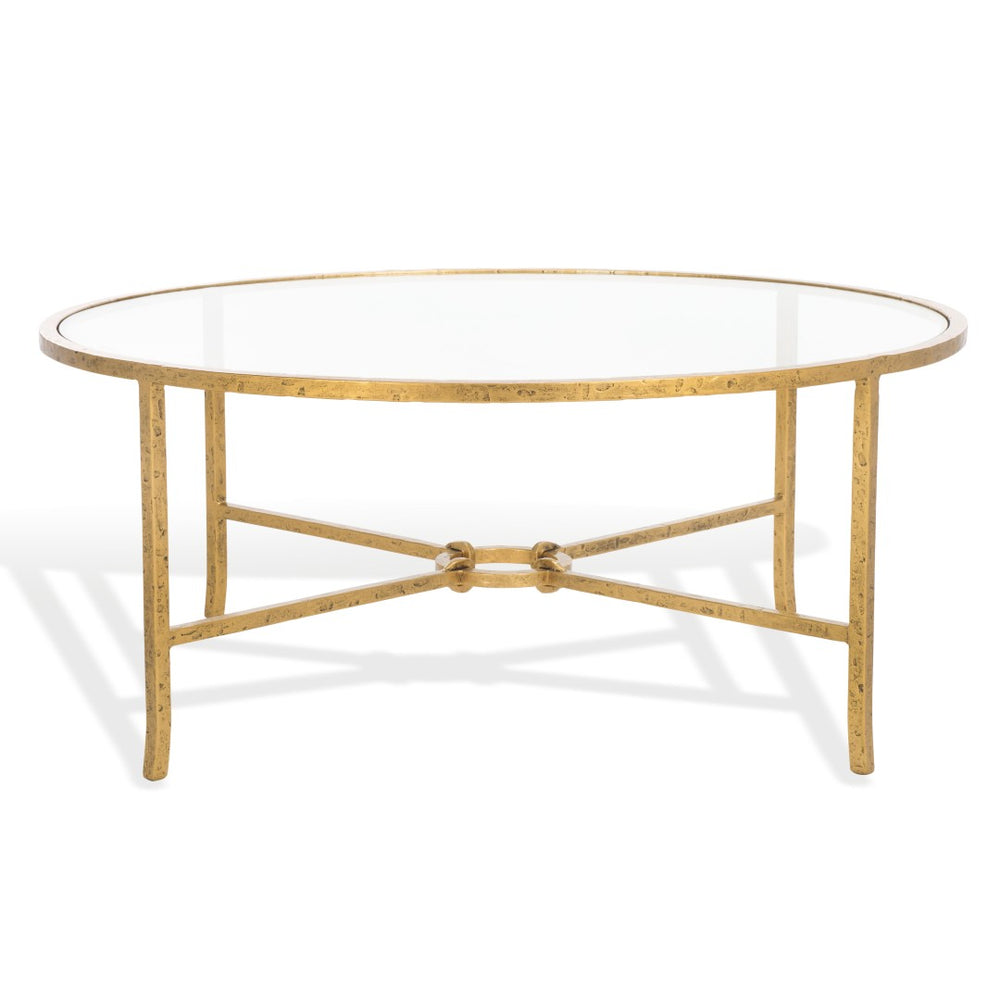 Safavieh TAURI Forged Metal Round Coffee Table - Industrial Elegance with Clear Glass Top for Modern Living Spaces Brass / Clear SFV9552A