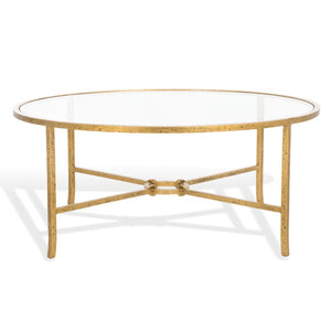 Safavieh TAURI Forged Metal Round Coffee Table - Industrial Elegance with Clear Glass Top for Modern Living Spaces Brass / Clear SFV9552A