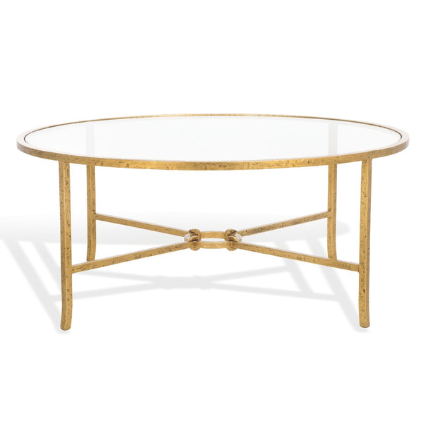 Safavieh TAURI Forged Metal Round Coffee Table - Industrial Elegance with Clear Glass Top for Modern Living Spaces Brass / Clear SFV9552A