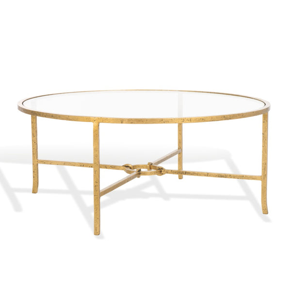 Safavieh TAURI Forged Metal Round Coffee Table - Industrial Elegance with Clear Glass Top for Modern Living Spaces Brass / Clear SFV9552A