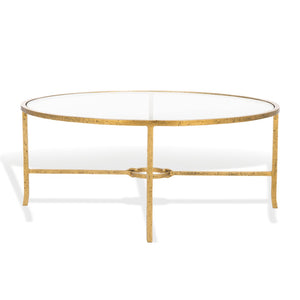 Safavieh TAURI Forged Metal Round Coffee Table - Industrial Elegance with Clear Glass Top for Modern Living Spaces Brass / Clear SFV9552A
